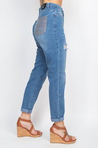 Distressing Sequined Denim Jeans - Pink Canary