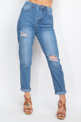 Distressing Sequined Denim Jeans - Pink Canary