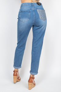 Distressing Sequined Denim Jeans - Pink Canary