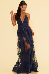 Banff Mesh Maxi - Pink Canary- Navy Gown